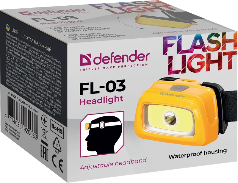 Defender - Svítilna čelová FL-03, LED+COB, 3 modes